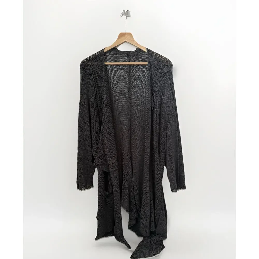 Boho Lagenlook Chain Mail Gray Knit Sweater Asymmetrical Artsy Cardigan L/XL